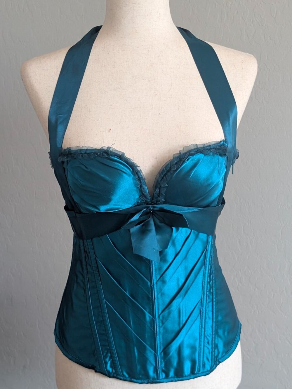 Teal Satin Burlesque Halter Corset Bustier Top + Thong Set | Boned | Halter